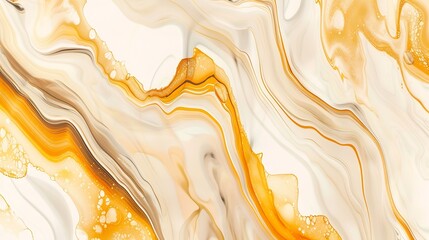 Leinwandbilder - Abstract fluid art background yellow and white colors Liquid marble Acrylic painting on canvas with orange lines and gradient Alcohol ink backdrop with beige wavy pattern : Generative AI