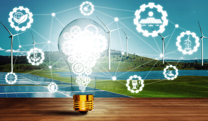 Wall Mural - Green energy innovation light bulb with future industry of power generation icon graphic interface. Concept of sustainability development by alternative energy. uds