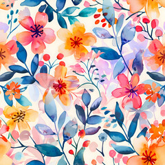 Wall Mural - watercolor flower and leaves seamless pattern,pattern for beauty products,colorful floral watercolor seamless pattern,generative ai