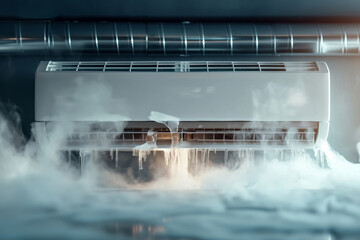 An air conditioner unit experiencing malfunctions, showing ice formation and emitting heavy fog, highlighting issues that can arise with HVAC systems in extreme conditions.