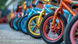 Multiple colorful bicycles parked in a line, highlighting their bright wheels and frames, each bike presenting a vivid and eye-catching appeal, perfect for a cycling enthusiast.
