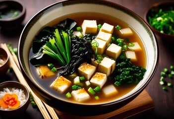 Wall Mural - steaming hot miso soup bowl slices green onions, tofu, seaweed, japanese, nutritious, savory, broth, asian, cuisine, vegetarian, lunch, dinner, homemade