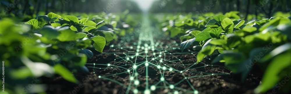 Smart technology network over a field of soybean plants. Precision ...