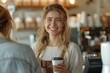 © gearstd - A friendly barista with a cheerful expression and light hair stands behind the counter of a well-lit coffee shop, holding a take-out coffee cup, ready to serve customers.