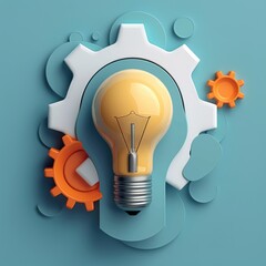 Wall Mural - A 3D icon representing innovation and creativity, featuring a light bulb and a gear symbolizing the idea of progress. This dynamic illustration is ideal for projects related to technology, business,