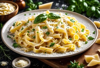 Wall Mural - delicious pasta creamy alfredo sauce italian cuisine concept, plate, spaghetti, fettuccine, noodles, gourmet, homemade, cooking, parmesan, cheese, traditional