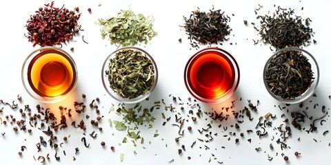 Variety of artistic teas displayed on a white background. Concept Tea Art, Tea Display, Artistic Teas, White Background