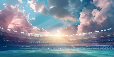 Wall Mural - Dynamic sports stadium backdrop with cloudy sky for cricket, football, and baseball. Concept Sports Photography, Stadium Backdrops, Cricket, Football, Baseball, Cloudy Sky