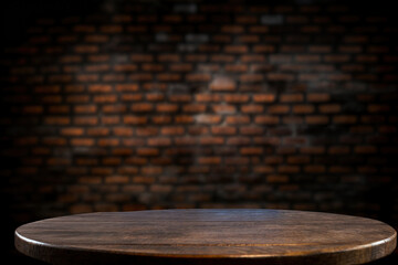 Poster - Rustic Round Wooden Table Against Blurred Brick Wall Background - Perfect for Product Display, Food Photography, and Rustic Decor Themes