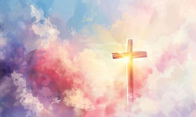 Wall Mural - Christian cross appeared bright in the sky with soft fluffy clouds, white, beautiful colors. With the light shining as hope, love and freedom in the sky background Digital illustration