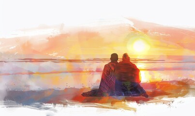 Poster - A couple at the beach, wrapped in a blanket, watching the sun dip below the horizon, 