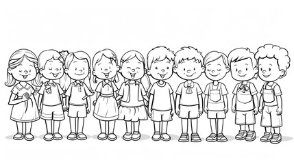 Cartoon kids with a school choir, outlined for coloring, on a white background.