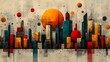 © TranNgoc - A 16:9 modern art mural of an abstract cityscape, simplified shapes representing a bustling city.