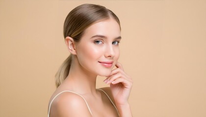 Wall Mural - beauty portrait of beautiful young woman on beige background 