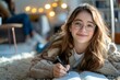 © Yuliia - Happy young woman with long brown hair wearing eyeglasses, lying on carpet and writing in diary.