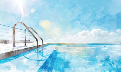 Poster - A pool with a blue sky and the sun shining on it Digital illustration, white background