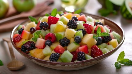 Wall Mural - A refreshing fruit salad featuring juicy berries crisp apples and ripe melon all handpicked from the nearby orchard.