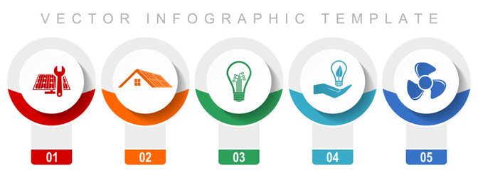 Fototapete - Renewable energy icon set, miscellaneous vector icons such as solar panel, house, light bulb and heater, modern design infographic template, web buttons in 5 color options