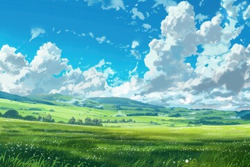 Beautiful, lush, green field with rolling hills under a vivid blue sky with puffy white clouds. Idyllic landscape with vibrant colors, showcasing nature's beauty.