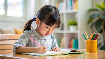 young Asian girl around 7-8 years old sitting at a school desk, focused on her study