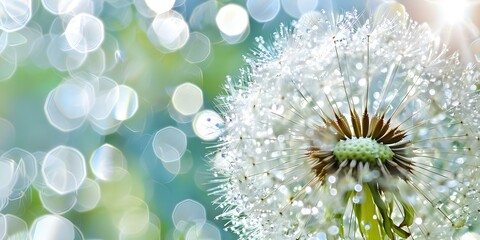 Wall Mural - Close-up of a dandelion with water droplets creating an artistic nature backdrop. Concept Nature Photography, Macro Shots, Water Droplets, Dandelion, Artistic Backdrop
