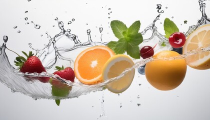 various fruits and water splashes fly on a white background