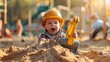 © sergio - A baby in a hard hat playing with sand at the beach. AI.