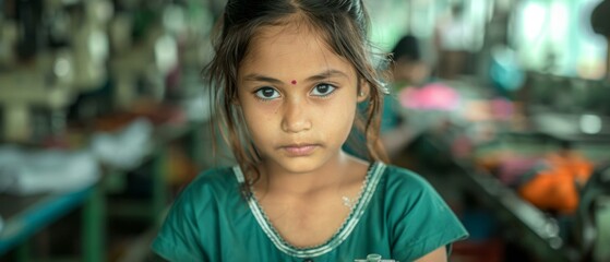 Canvas Print - A young girl in a green shirt looking at the camera. AI.