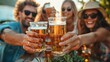 © Barosanu - A spirited group of friends raising their beers in celebration at a backyard gathering, illuminated by the soft sunlight and surrounded by lush greenery.