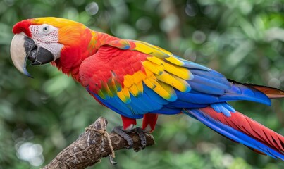 Poster - A colorful parrot perched on a branch with green leaves. AI.