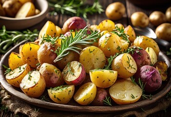 Wall Mural - delicious herb roasted potatoes rustic wooden table, food, cooking, cuisine, tasty, meal, vegetarian, side, dish, oven, crispy, homemade, organic, fresh