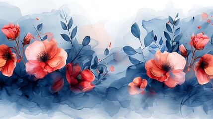 Modern art mural featuring abstract nature elements, stylized leaves and flowers in a minimalist, abstract form.