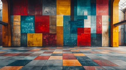 Sticker - Modern art mural featuring bold color blocks, large blocks of contrasting colors arranged abstractly, in a 16:9 ratio.