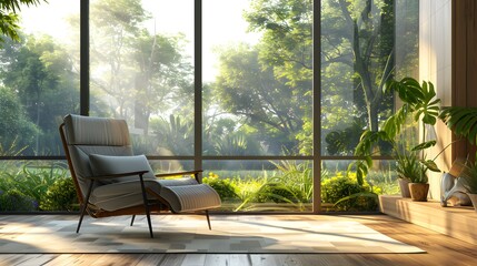 Wall Mural - Empty glass living room corner with morning sunlight, long wood chair, wide window and garden view with green trees