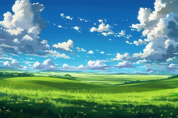 Grass Field landscape with blue sky and white cloud. Blue sky clouds sunny day wallpaper. Cartoon illustration of a Grass Field with blue sky in Summer. green field in a day.