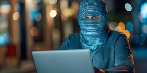 Wall Mural - Importance of Strong Cybersecurity Measures Highlighted by Bandit in Balaclava Accessing Laptop. Concept Cybersecurity, Data Protection, Bandit Threat, Digital Security, Online Vulnerabilities