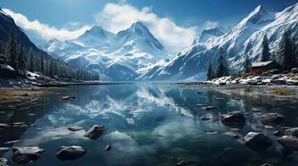 Wall Mural - Snowy Mountains With Lake Alpine Landscape Background