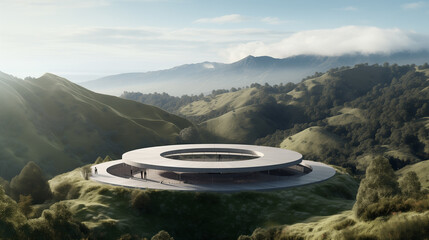 there is a circular building on a hill with a mountain in the background