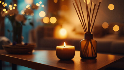 Aromatic reed freshener and candle on table in room