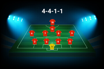 Wall Mural - 4-4-1-1 football team formation template. Soccer players with numbers. Vector template