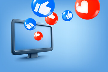 Poster - Social media reaction with red hearts and thumbs symbols. 3d vector illustration