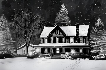 christmas home with distant view dim sketch monochrome