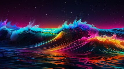 Wall Mural - Step into the vibrant world of neon artistry with this striking stock image. A colossal wave of luminous hues cascades across the frame, creating a dynamic and energetic atmosphere. Generative Ai.