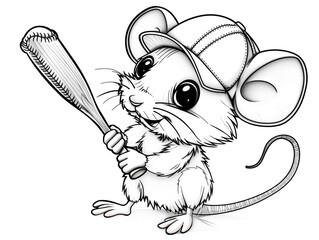 Cute cartoon mouse playing baseball, outlined for coloring, on a white background.