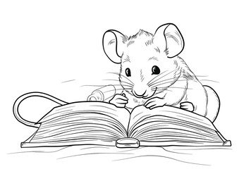 Cute cartoon mouse reading a book, outlined for coloring, on a white background.