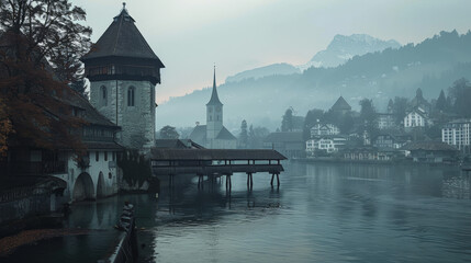 An ancient church and a water tower stand near a river in Lucerne, Switzerland.