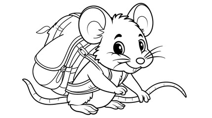 Cute cartoon mouse with a backpack, outlined for coloring, on a white background.