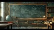 © Siti - Education and reading concept. Abstract concept of knowledge, education, learning, and literature. Books  on the desk in front of the written  blackboard.