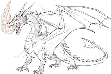 Wall Mural - Sketch outline of a dragon breathing fire, outlined for coloring, on a white background.