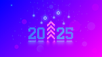 Aufkleber - 2025 New Year and Christmas in tech style. 20 25 digits consist of neon dots or pixels. 2025 New Year card digital technology. 2025 text with Christmas tree at up arrow. 2025 design card or calendar.